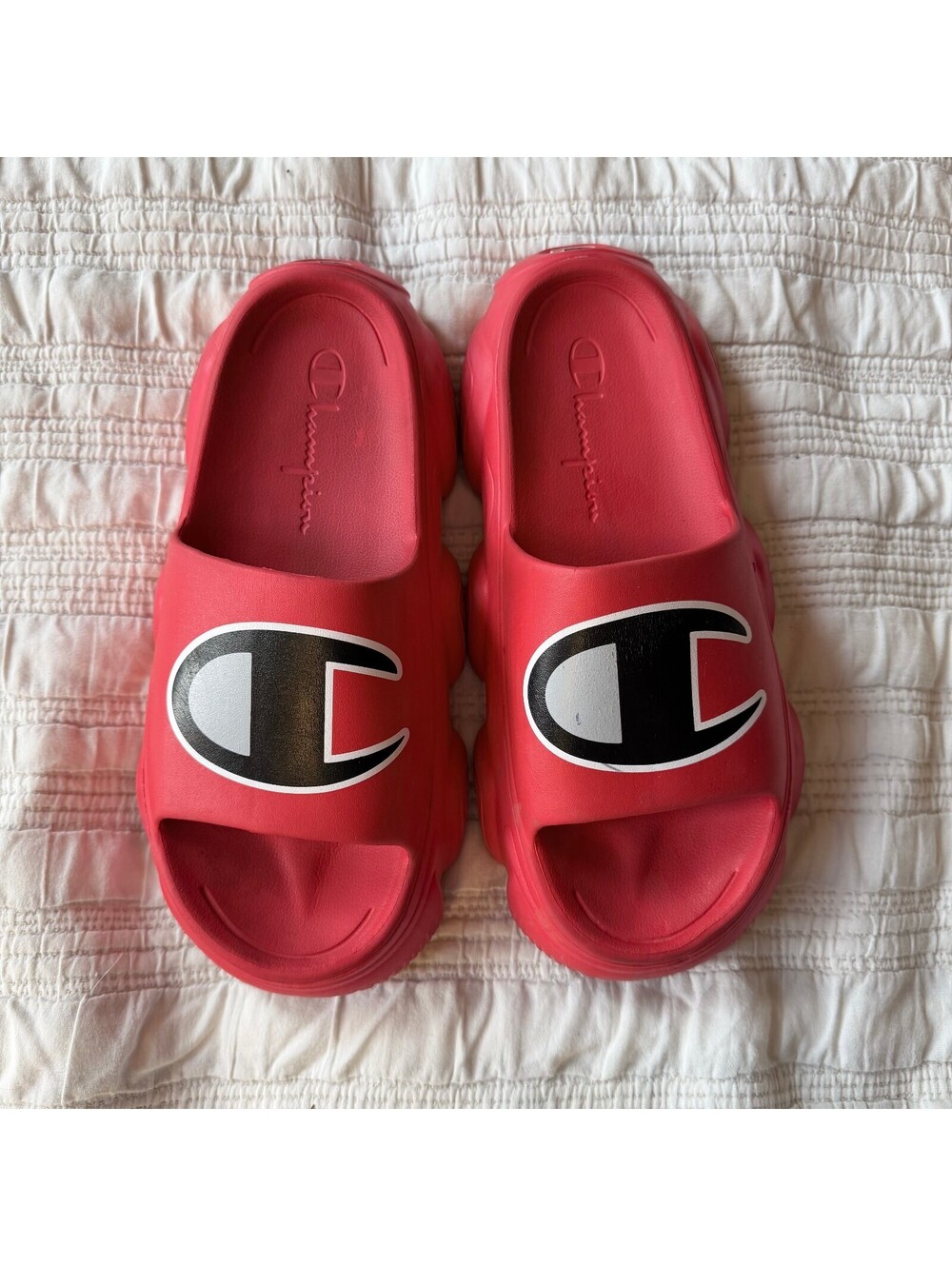 Champion Super Meloso Warped Chunky Platform Slides Red Big Logo